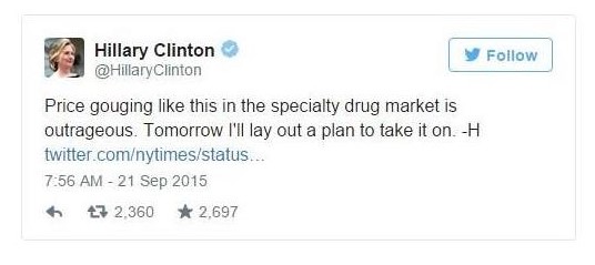 Democratic presidential candidate Hilary Clinton tweeting about reigning in drug prices