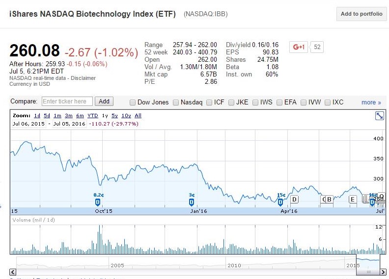 Google Finance graph representing the 52-week performance of iShares Biotechnology Index ETF (NASDAQ:IBB)