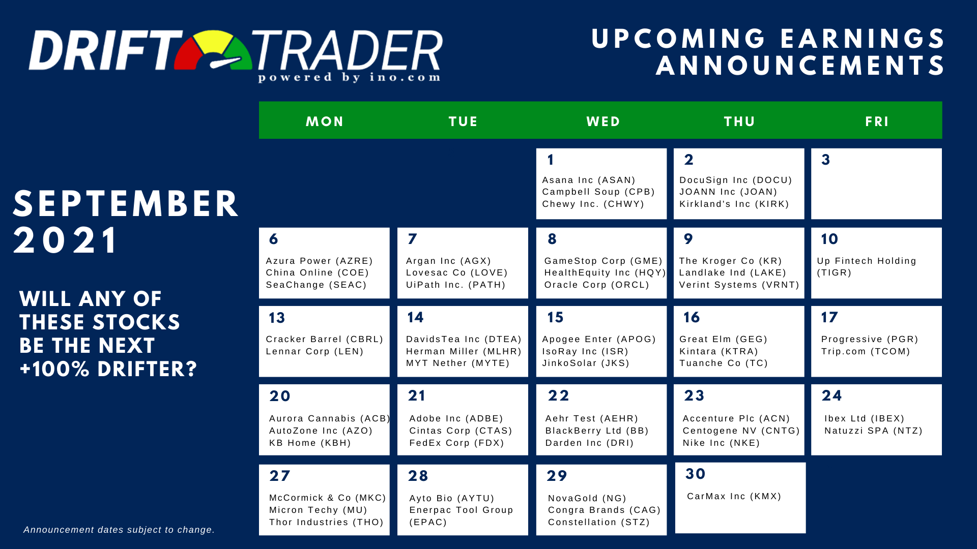 Earnings Calendar for September 2021 Trader's Blog