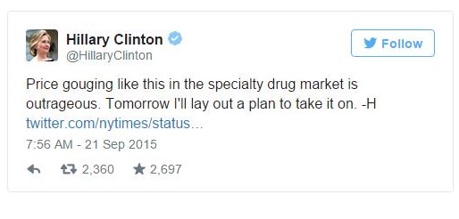 Democratic presidential nominee Hillary Clinton tweeting about reigning in drug prices